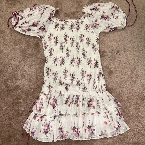 Loveshackfancy x Aerin Floral Lilac Violet Smocked Ruffle Mini Dress - Picture 7 of 7